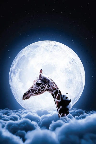 Baby Animals: Giraffe And Cute Baby Panda In Front Of Full Moon by GEN Z