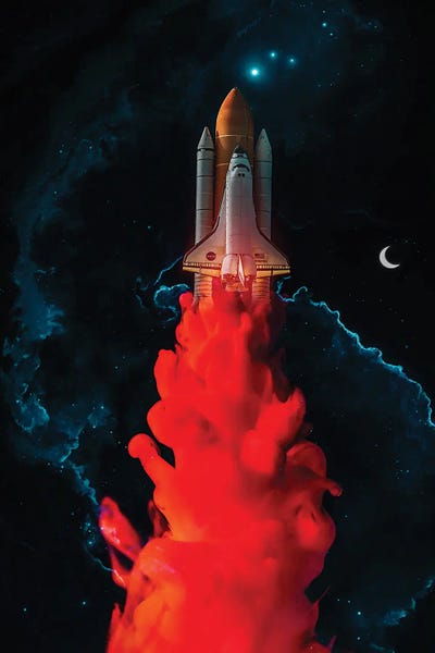 Red Ink Rocket Takeoff In The Blue Night by GEN Z framed canvas print