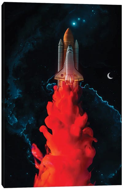 Red Ink Rocket Takeoff In The Blue Night Canvas Art Print - Space Shuttle Art
