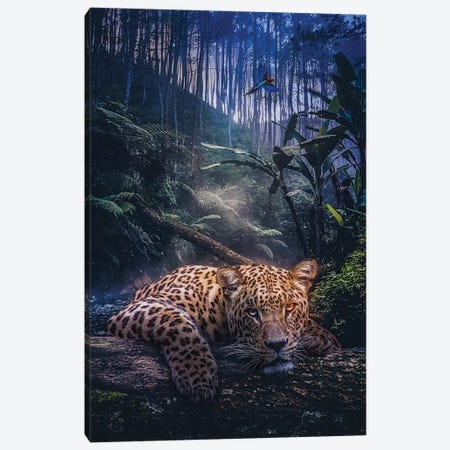 Jungle Leopard And Parrots Wildlife Canvas Print #GEZ115} by GEN Z Art Print