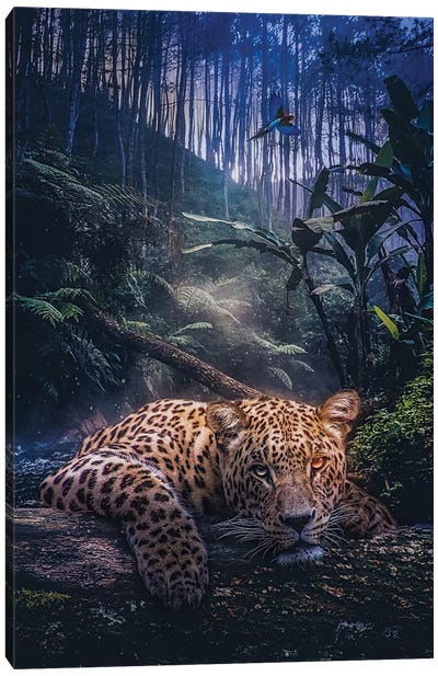 Jungle Leopard And Parrots Wildlife Canvas Art Print - Jaguar Art
