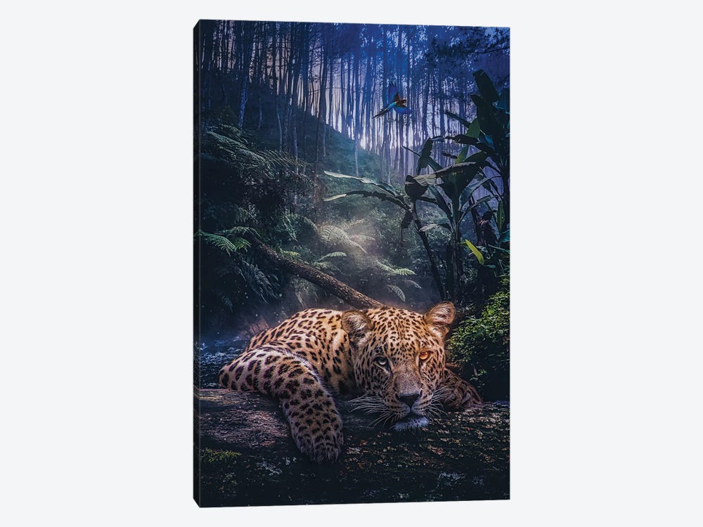 Jungle Leopard And Parrots Wildlife by GEN Z 1-piece Canvas Wall Art