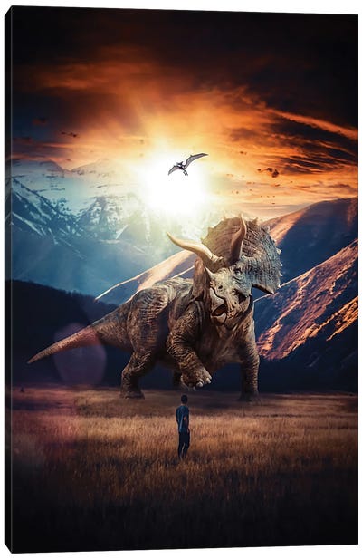 Jurassic Triceratops Encounter Canvas Art Print - Prehistoric Animal Art