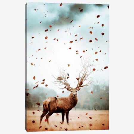 King Deer Of Forest And Flying Leaves Canvas Print #GEZ118} by GEN Z Canvas Wall Art