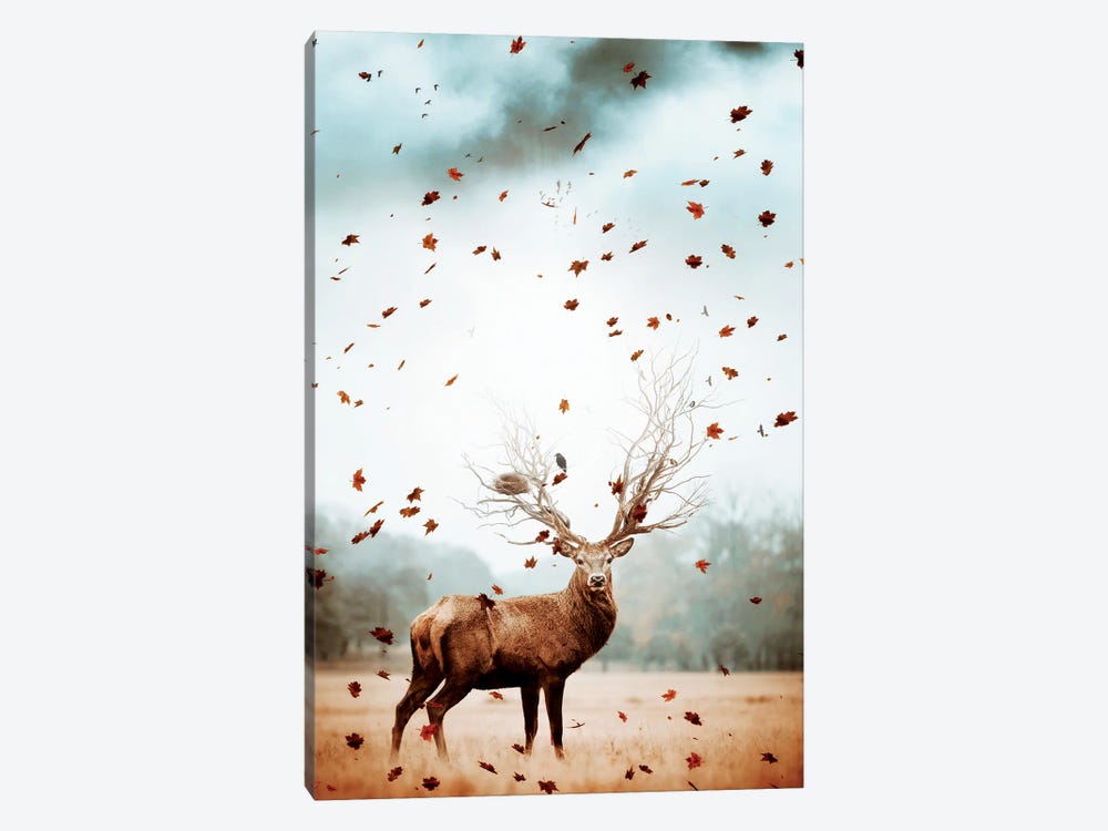 King Deer Of Forest And Flying Leaves by GEN Z 1-piece Canvas Art Print