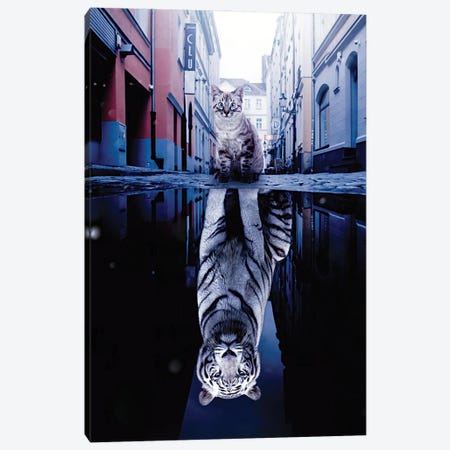 Kitten And Big White Tiger Puddle Reflection In City Canvas Print #GEZ119} by GEN Z Canvas Art