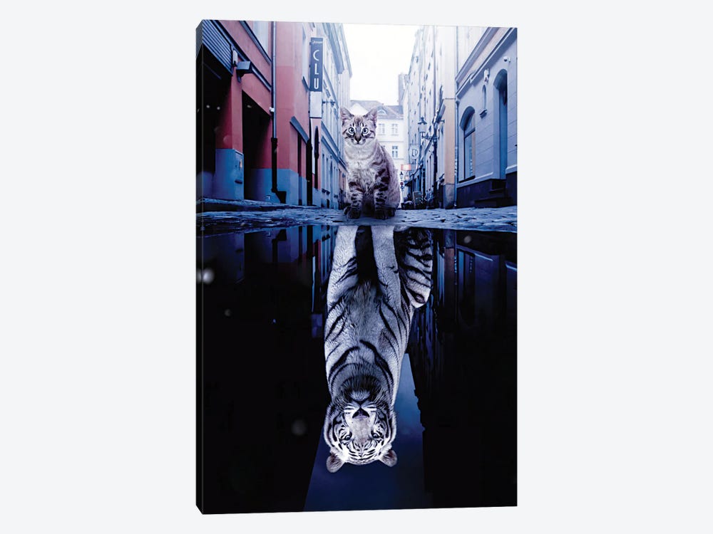 Kitten And Big White Tiger Puddle Reflection In City by GEN Z 1-piece Canvas Wall Art