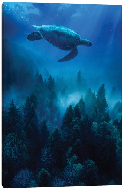 A Sea Turtle Swims Over The Forest Trees Canvas Art Print - Alternate Realities