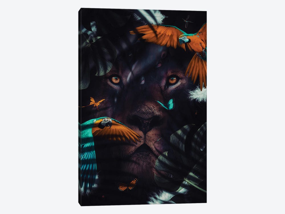 Lion Portrait And Parrots In Jungle by GEN Z 1-piece Canvas Art