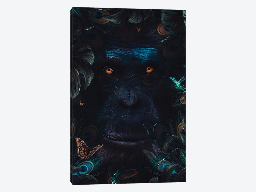 Monkey Portrait And Peacock Feathers by GEN Z 1-piece Canvas Print