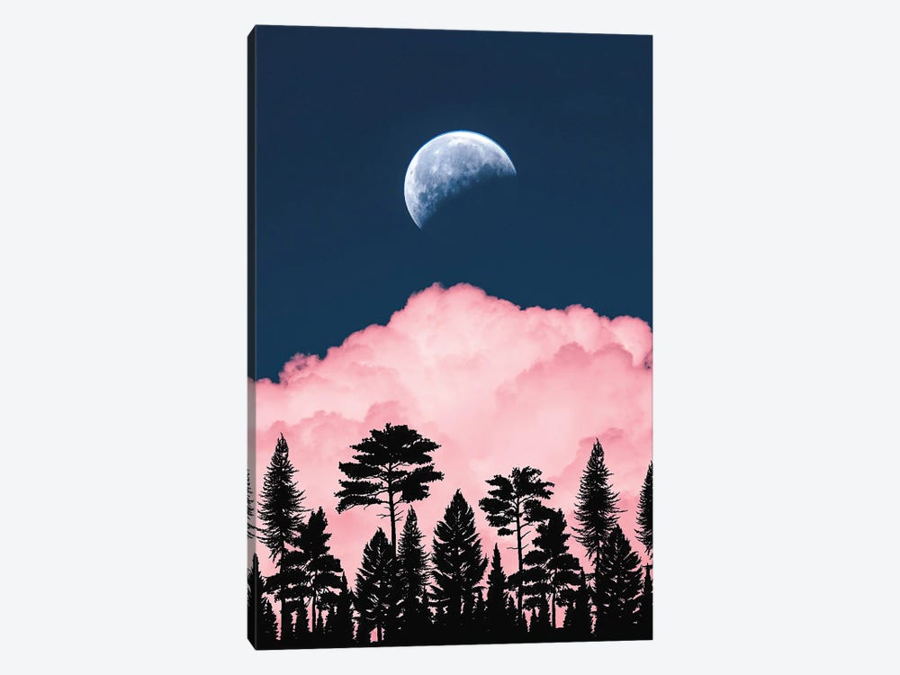 Full Moon, Pink Cloud And Forest Silhouette by GEN Z 1-piece Canvas Art