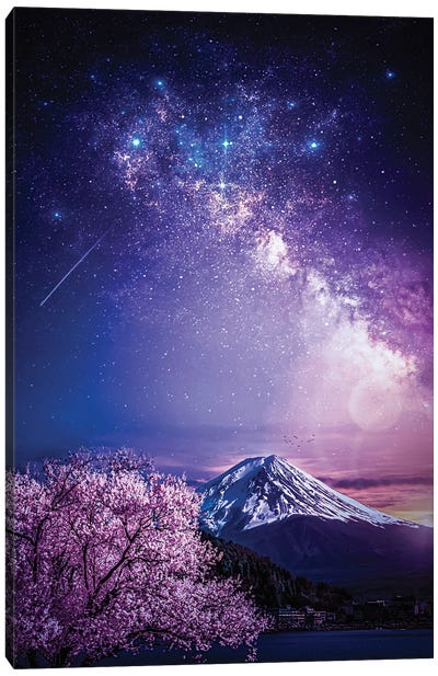 Mount Fuji Purple Milky Way And Cherry Tree Canvas Art Print - Milky Way Galaxy Art