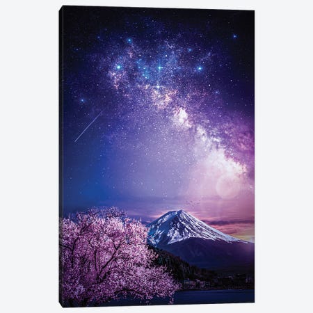 Mount Fuji Purple Milky Way And Cherry Tree Canvas Print #GEZ132} by GEN Z Canvas Wall Art