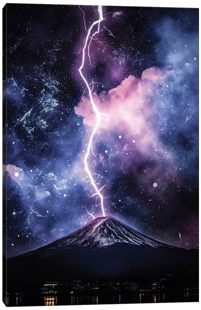 Mount Fuji Thunderbolt In The Night Canvas Art Print - Lightning