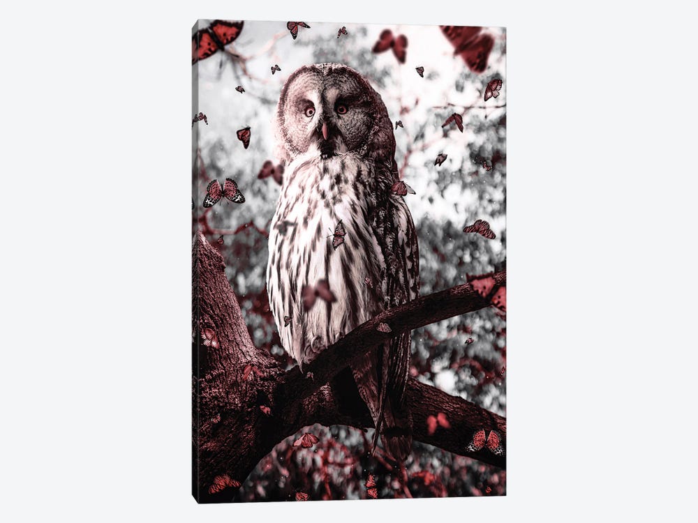 Owl Leaves And Orange Butterflies by GEN Z 1-piece Art Print