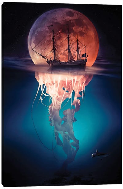 Pirate Jellyfish And Red Moon Canvas Art Print - Jellyfish Art