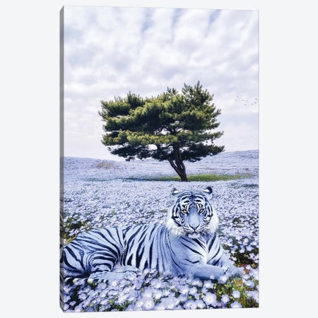 Purple Tiger Lying In Meadow Flowers Canvas Print #GEZ139} by GEN Z Canvas Wall Art