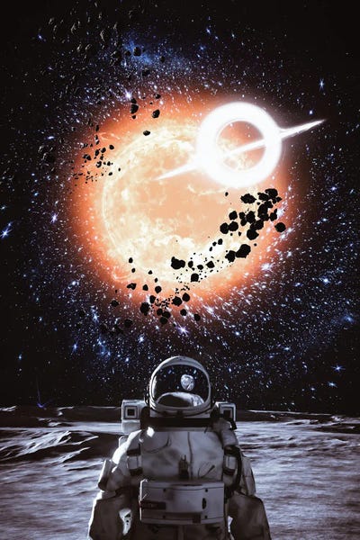 Astronaut On Moon And Balck Hole Sun by GEN Z framed canvas print