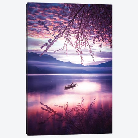Lake Reflection Japanese Cherry And Canoe Canvas Print #GEZ142} by GEN Z Canvas Art Print