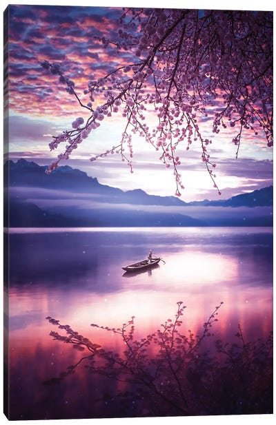Lake Reflection Japanese Cherry And Canoe Canvas Art Print - Cherry Tree Art