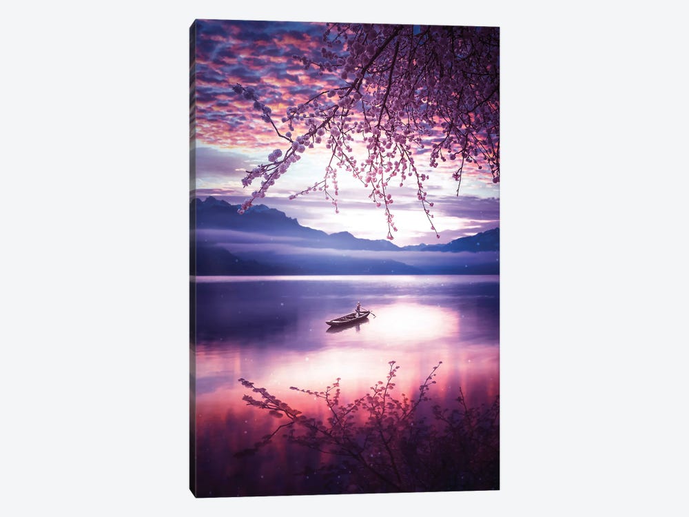 Lake Reflection Japanese Cherry And Canoe by GEN Z 1-piece Canvas Art