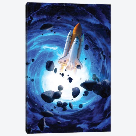 Rocket Launch Blue Vortex And Asteroids Canvas Print #GEZ147} by GEN Z Canvas Wall Art
