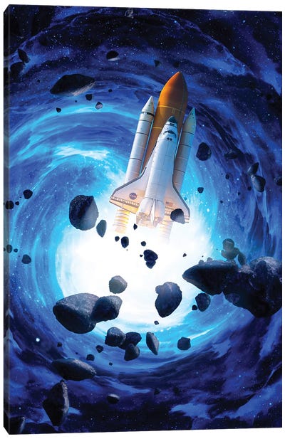 Rocket Launch Blue Vortex And Asteroids Canvas Art Print