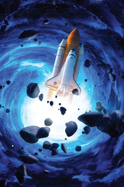 Rocket Launch Blue Vortex And Asteroids