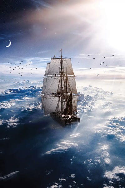 Sailboat Sea Of Clouds And Crescent Moon by GEN Z framed canvas print