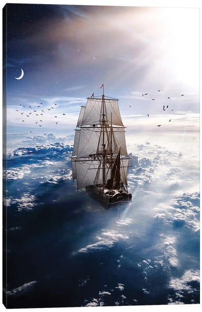 Sailboat Sea Of Clouds And Crescent Moon Canvas Art Print - GEN Z