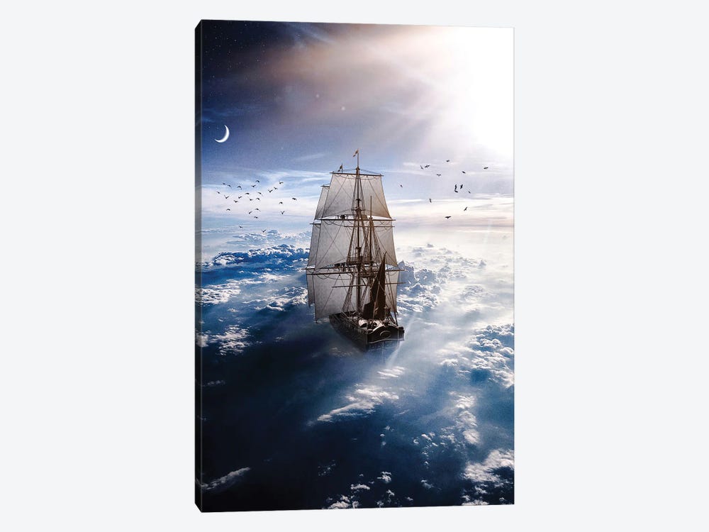 Sailboat Sea Of Clouds And Crescent Moon by GEN Z 1-piece Canvas Wall Art