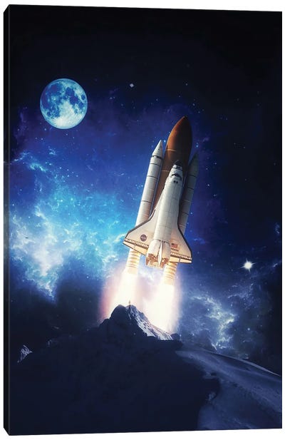 Secret Mountain Rocket Launch In Front Off Full Moon Canvas Art Print - Space Shuttle Art