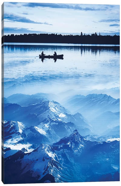 Silhouette Canoe On Blue Mountains Canvas Art Print - Canoe Art