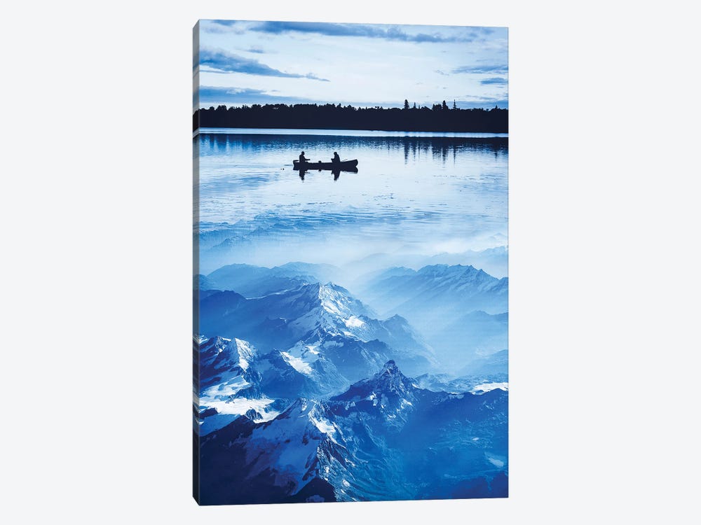 Silhouette Canoe On Blue Mountains by GEN Z 1-piece Canvas Print
