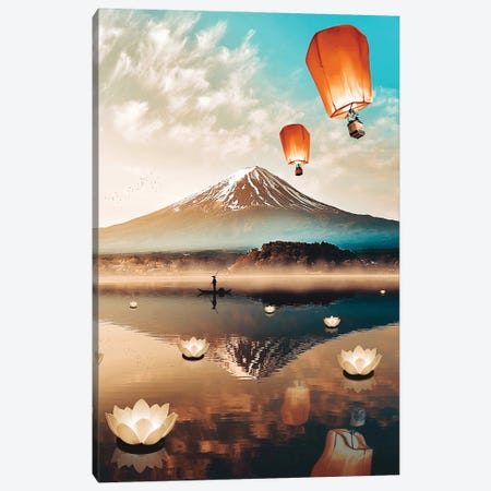 Sky Lanterns Flying And Mount Fuji Lake Reflection Canvas Print #GEZ151} by GEN Z Canvas Wall Art