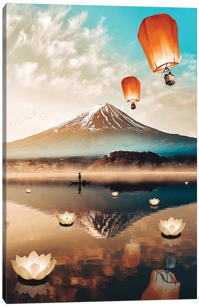 Sky Lanterns Flying And Mount Fuji Lake Reflection Canvas Art Print - Zen Garden
