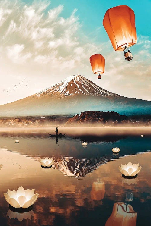 Sky Lanterns Flying And Mount Fuji Lake Reflection