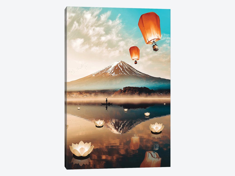 Sky Lanterns Flying And Mount Fuji Lake Reflection 1-piece Canvas Wall Art