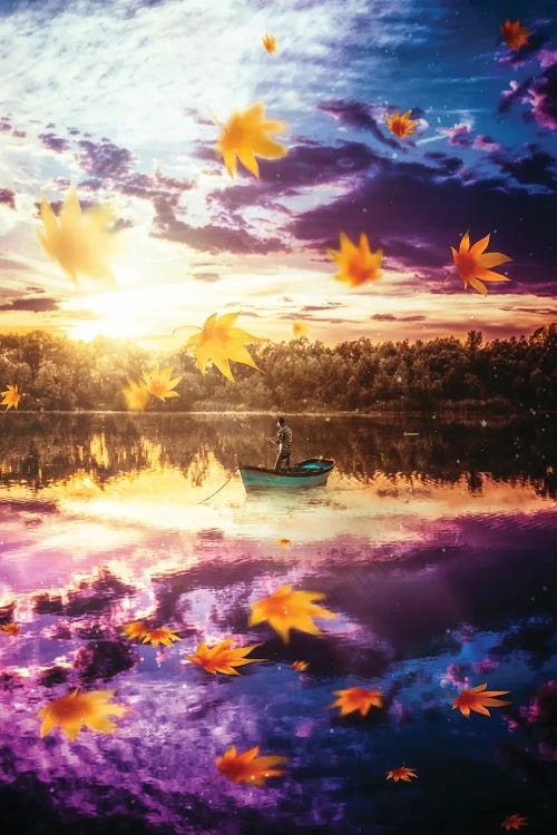 Solitary Fisherman At Night With Orange Leaves Flying