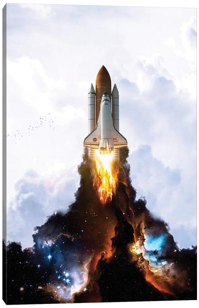 Space Launch Rocket In The White Clouds Canvas Art Print - 3-Piece Astronomy & Space Art