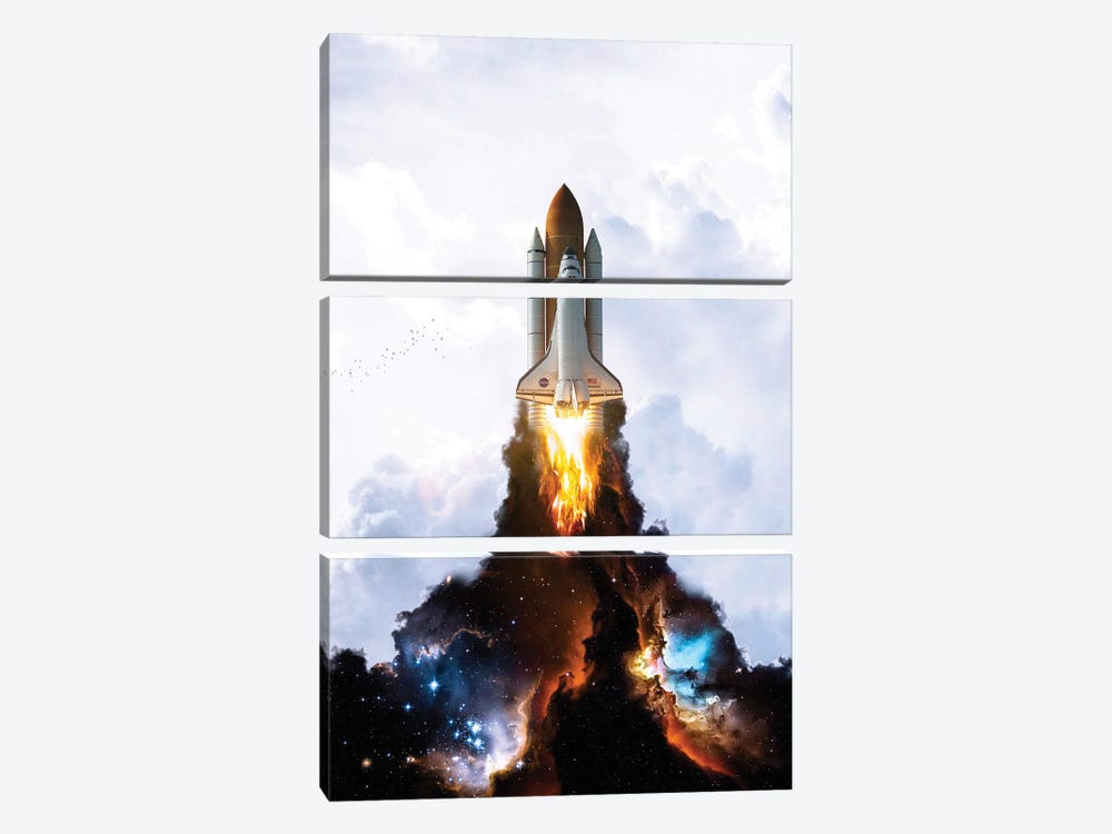 Space Launch Rocket In The White Clouds by GEN Z 3-piece Canvas Artwork