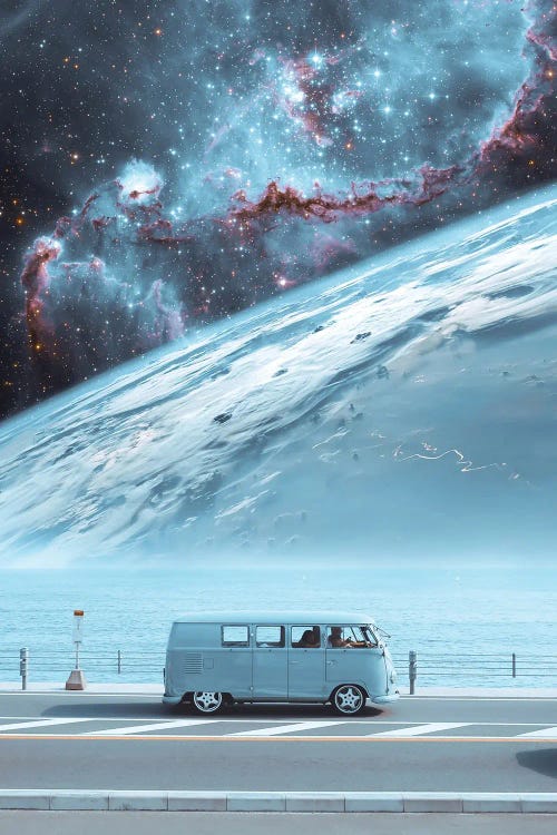 Space Pastel Blue Van In Front Of Planet Earth