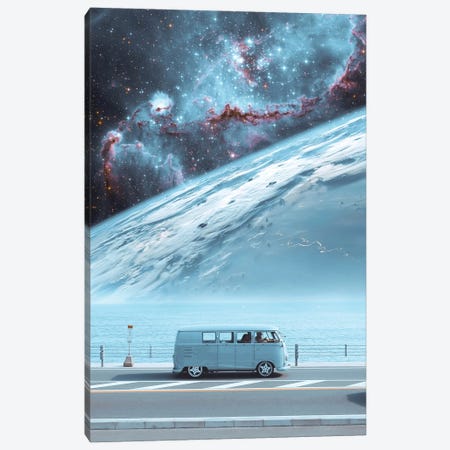 Space Pastel Blue Van In Front Of Planet Earth Canvas Print #GEZ160} by GEN Z Art Print