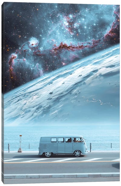 Space Pastel Blue Van In Front Of Planet Earth Canvas Art Print - Earth Art