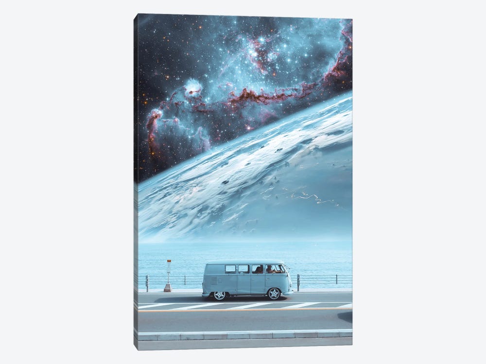 Space Pastel Blue Van In Front Of Planet Earth by GEN Z 1-piece Canvas Art