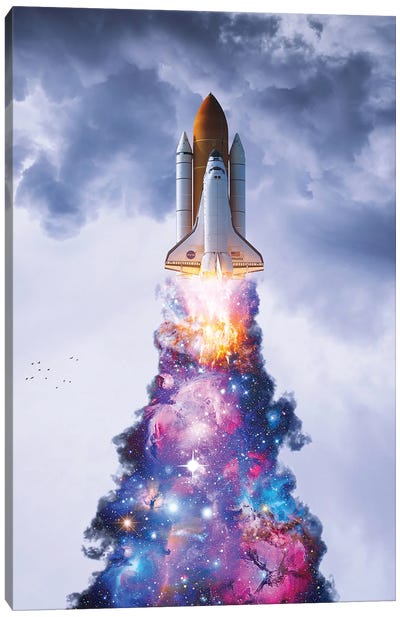 Spaceship Multicolored Smoke Launch Canvas Art Print - Kids Astronomy & Space Art