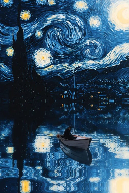 Starry Night Fisher Boat Reflection