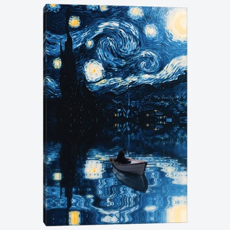 Starry Night Fisher Boat Reflection Canvas Print #GEZ165} by GEN Z Canvas Artwork
