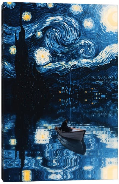 Starry Night Fisher Boat Reflection Canvas Art Print - Rowboat Art
