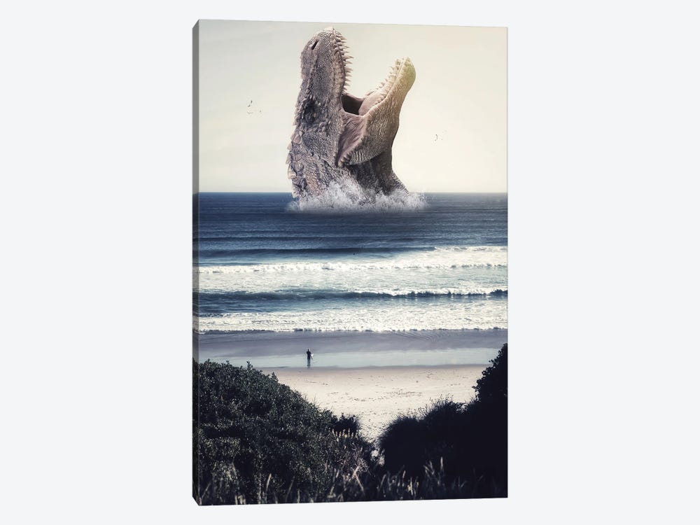 Surfing With Giant Dinosaur In The Ocean by GEN Z 1-piece Art Print